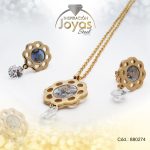 Conjunto de Acero Dama Cadena + Dije + Zarcillo Flor Dorado Circón - 880274