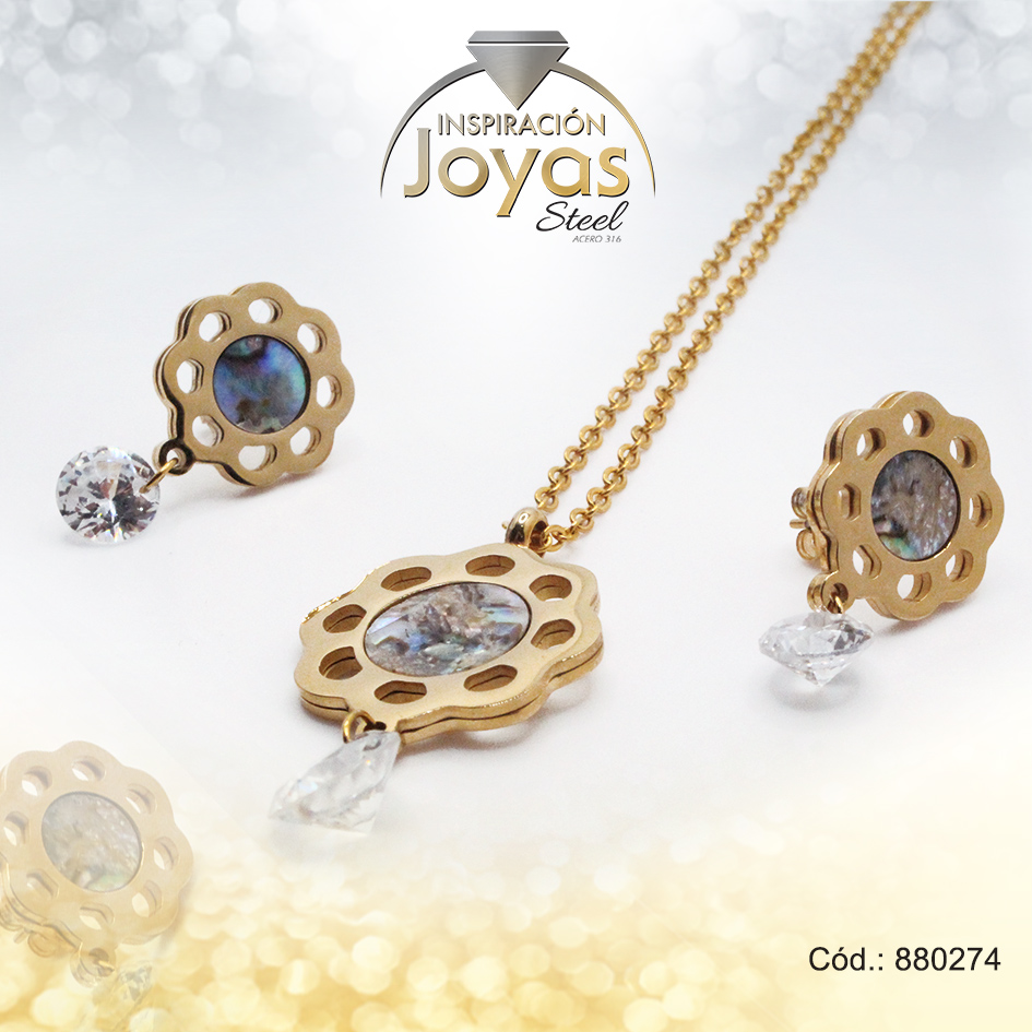 880274 Conjunto de Acero Dama Cadena + Dije + Zarcillo Flor Dorado Circón - 880274 - Imagen 1