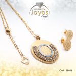 Conjunto de Acero Dama Cadena + Dije + Zarcillo Virgen La Milagrosa Dorado Circón - 880281