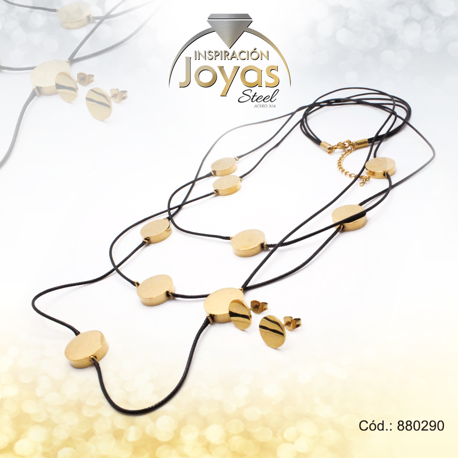 880290 Conjunto de Acero Dama Gargantilla + Zarcillo Circulo Negro Cuero - 880290 - Imagen 1