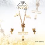 Conjunto de Acero Dama Cadena + Dije + Zarcillo Cruz Dorado - 880292