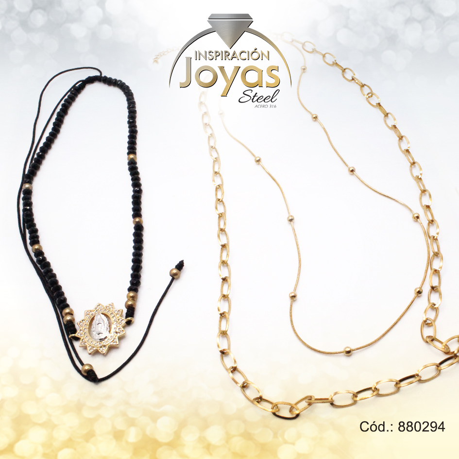 880294 Conjunto de Acero Dama Gargantilla + Dije Virgen La Milagrosa Dorado Piedra Negro - 880294 - Imagen 1