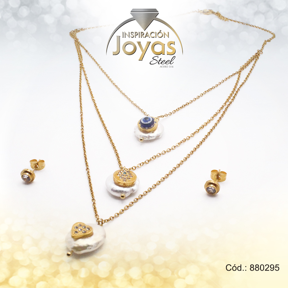 880295 Conjunto de Acero Dama Gargantilla + Dije + Zarcillo Ojo Turco Dorado Piedra Blanco - 880295 - Imagen 1