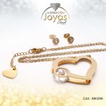 Conjunto de Acero Dama Cadena + Dije + Zarcillo Corazón Dorado Circón - 880296