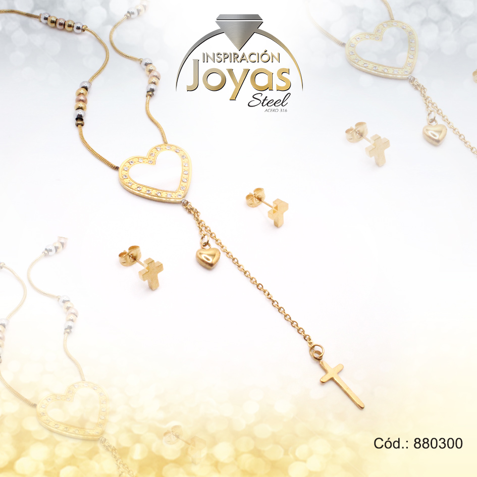 880300 Conjunto de Acero Dama Cadena + Dije + Zarcillo Corazón y Cruz 3 Tonos Circón - 880300 - Imagen 1