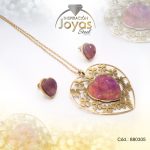 Conjunto de Acero Dama Cadena + Dije + Zarcillo Corazón Dorado Piedra Rosado - 880305