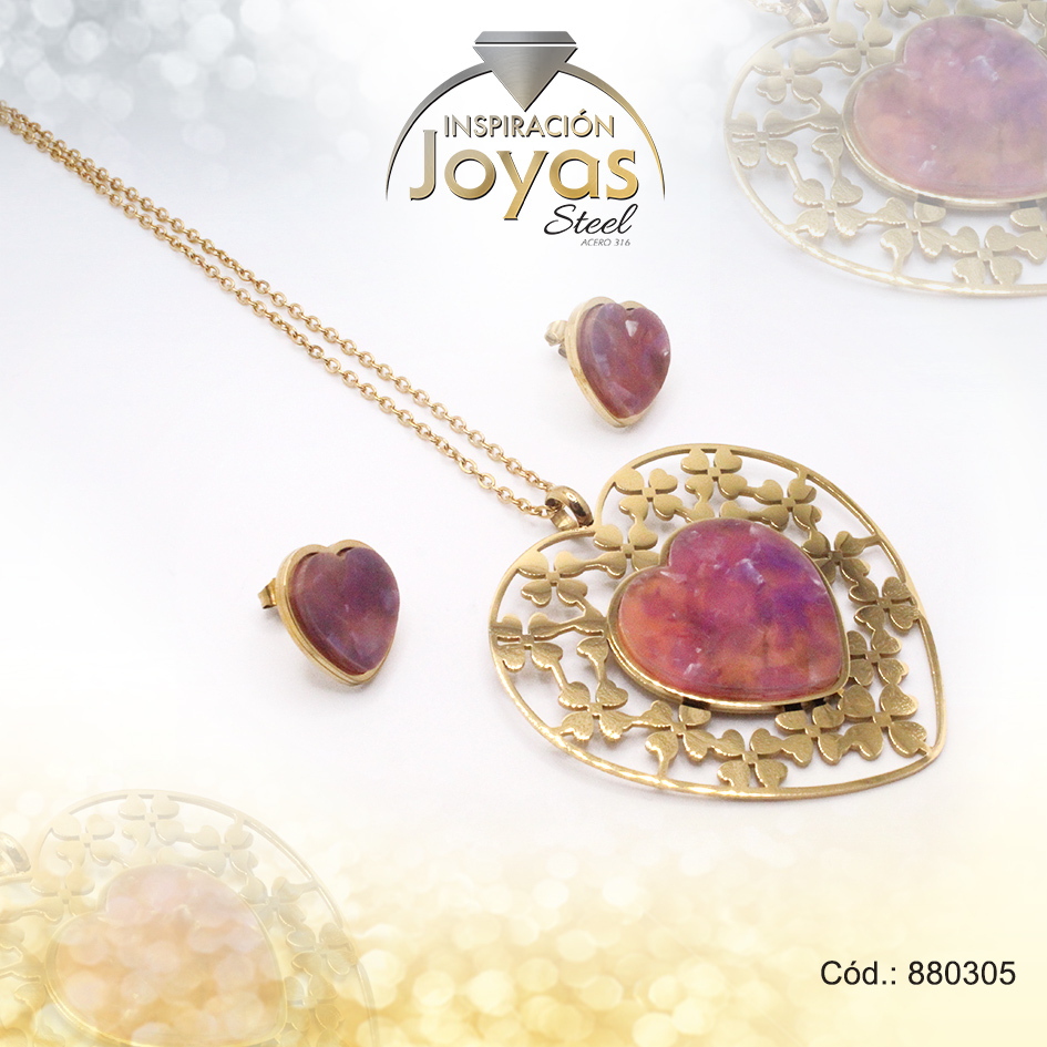 880305 Conjunto de Acero Dama Cadena + Dije + Zarcillo Corazón Dorado Piedra Rosado - 880305 - Imagen 1