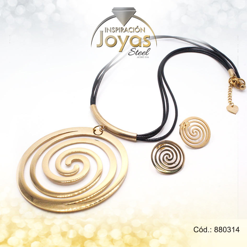 880314 Conjunto de Acero Dama Cadena + Dije + Zarcillo Espiral Negro Cuero Negro - 880314 - Imagen 1