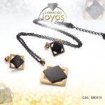 Conjunto de Acero Dama Cadena + Dije + Zarcillo Rombo Negro Piedra Negro - 880315