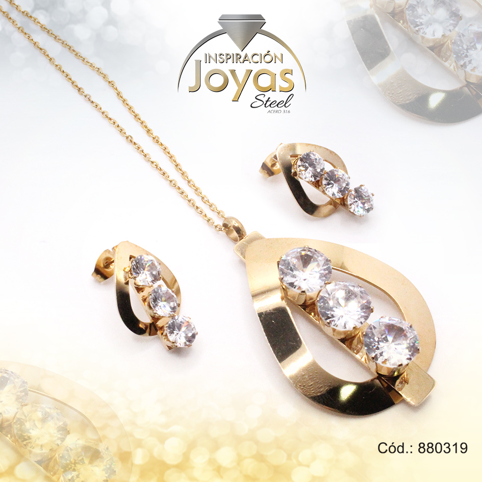 880319 Conjunto de Acero Dama Cadena + Dije + Zarcillo Ovalo Dorado Circón - 880319 - Imagen 1