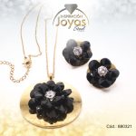 Conjunto de Acero Dama Cadena + Dije + Zarcillo Circulo y Flor Dorado Piedra Negro - 880321