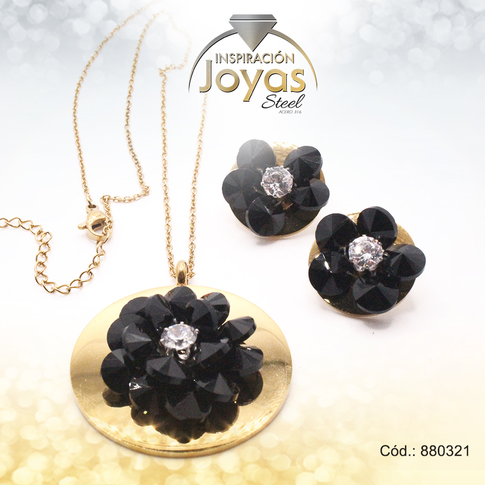 880321 Conjunto de Acero Dama Cadena + Dije + Zarcillo Circulo y Flor Dorado Piedra Negro - 880321 - Imagen 1
