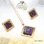Conjunto de Acero Dama Cadena + Dije + Zarcillo Rombo Dorado Piedra Volcanica - 880323
