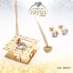 Conjunto de Acero Dama Cadena + Dije + Zarcillo Solitario Dorado Circón - 880327