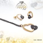 Conjunto de Acero Dama Cadena + Dije + Zarcillo Corazón Negro Piedra Negro - 880328