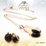 Conjunto de Acero Dama Cadena + Dije + Zarcillo Circulo Dorado Piedra Negro - 880333