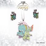 Conjunto de Acero Dama Cadena + Dije + Zarcillo Pez Plateado Esmalte Multi Color - 880342