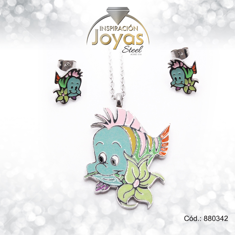 880342 Conjunto de Acero Dama Cadena + Dije + Zarcillo Pez Plateado Esmalte Multi Color - 880342 - Imagen 1