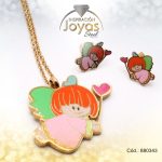 Conjunto de Acero Dama Cadena + Dije + Zarcillo Angel Dorado Esmalte Multi Color - 880343