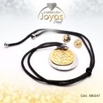 Conjunto de Acero Dama Cadena + Dije + Zarcillo Circulo 2 Tonos Cuero Negro - 880347