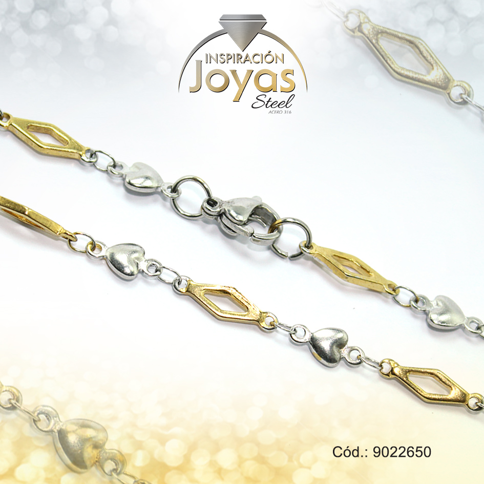 9022650 Cadena de Acero Dama 2 Tonos Tejido Rombo Alterna con Corazón Medida 50 cm - 9022650 - Imagen 1